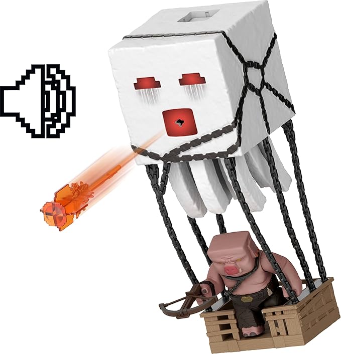 Mattel Minecraft Action Figure Set, Blast Attack Ghast with Lights, Sounds, Launcher & Projectile, Plus Piglin Warrior Inspired by The Movie