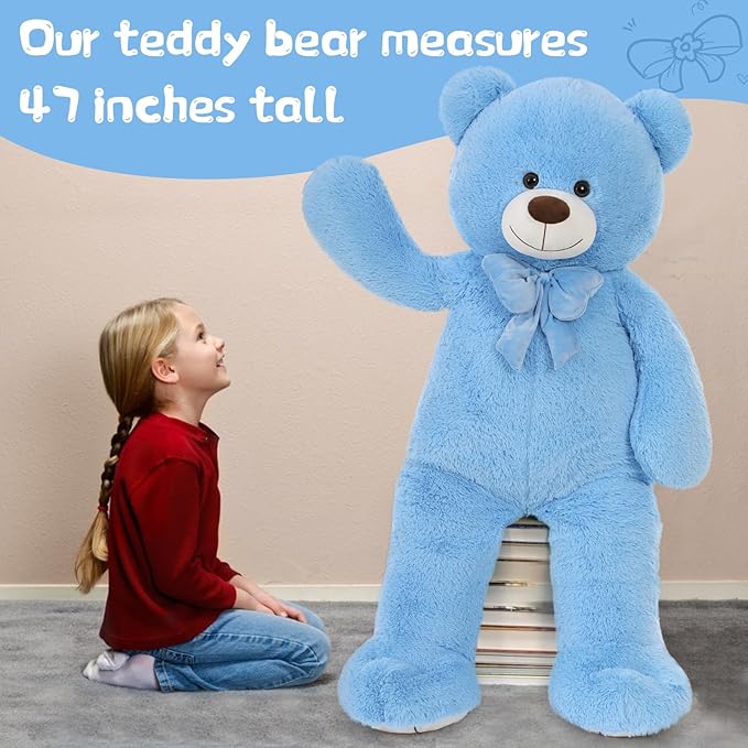 Tezituo Giant Teddy Bear 47 Inch, Soft Big Stuffed Animal Life Size 4 Feet Plush Bear Toy Valentine's Christmas Birthday Gift for Girlfriends Kids, Blue