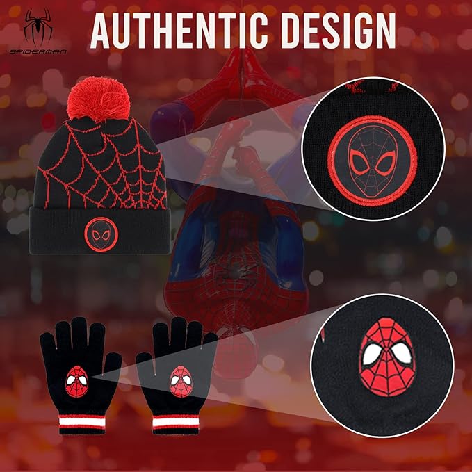 Marvel Spider-Man Kid’s Winter Hat and Snow Gloves for Boys and Toddlers, 2 Pc. Set, Pom-Pom Beanie with Warm Mittens