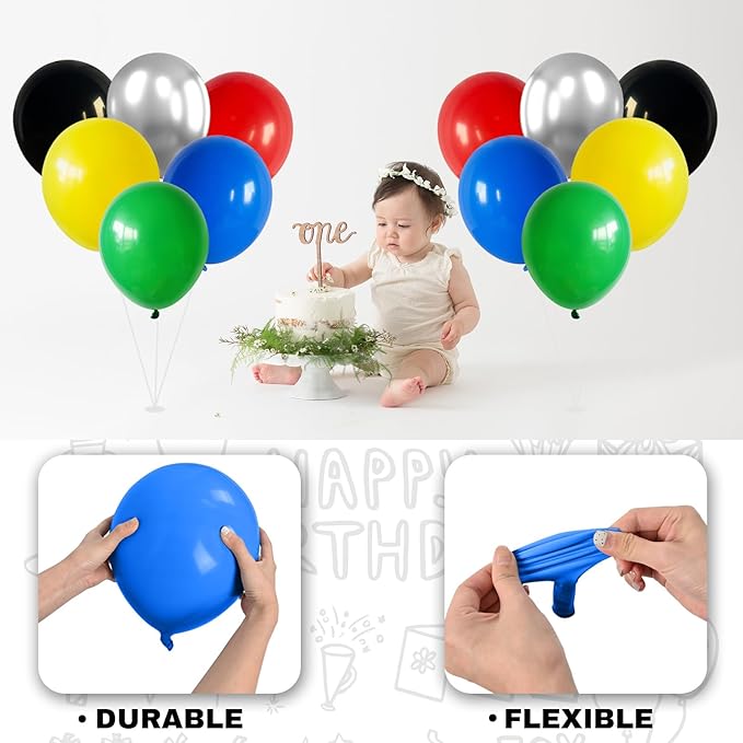60 Pack Balloons Red Yellow Green Blue Black Party Balloons with Metallic Silver Helium Balloon, Rainbow Colorful Latex Balloons Set for Kids Birthday Carnival Themed Decorations