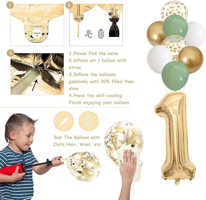 1st Birthday Decorations for Boys Girls, Sage Green White Gold Birthday Balloons with Happy 1st Birthday Banner First Birthday Cake Decoration Number 1 Balloon for Baby 1 Year Old Birthday Party Decor