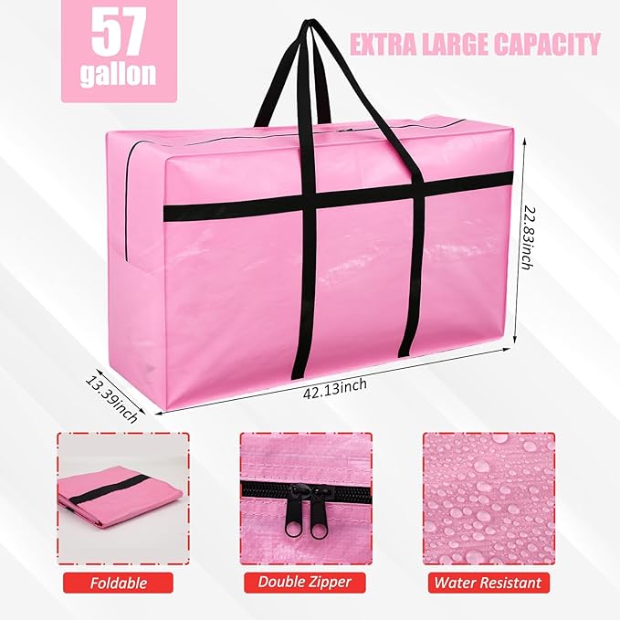 Windyun 4 Pack 57 Gallon Extra Large Storage Bags XXL Moving Bags with Zipper Handles Heavy Duty Jumbo Big Totes Box for Halloween Skeleton 4-12 Feet Christmas Tree Storage College Dorm Cloth (Pink)