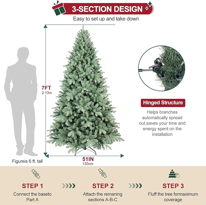 Spruce Christmas Tree 7ft, Premium Artificial Hinged Christmas Tree with 1845 PE & PVC Branch Tips，Xmas Trees for Home, Xmas Decoration