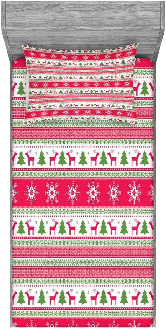 Ambesonne Nordic 2 Pack Fitted Sheet & Pillow Sham Set, Needlework Style Xmas, 4 Pcs Bedding Decor, Package Contains 2 Twin Size Fitted Sheets & 2 Pillow Covers, Pink Lime Green White