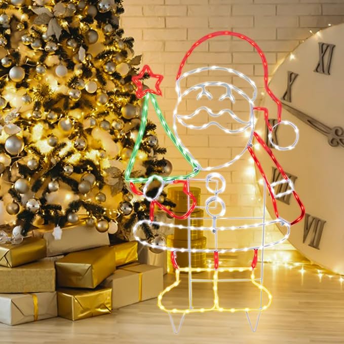 Outdoor Christmas Santa Decoration Christmas Lighted Santa Clause with Tree Neon Rope 204 LED Lights Decoration for Xmas Home Pathway Lawn Party Display