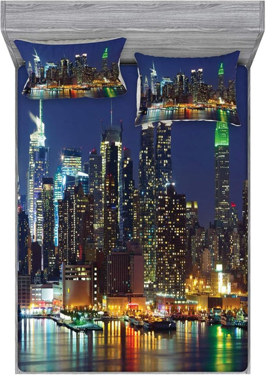 Ambesonne New York Fitted Sheet & Pillow Sham Set, NYC Midtown Skyline in Evening Skyscrapers Metropolis City States Photo, Decorative Printed 3 Piece Bedding Decor Set, Full, Royal Blue