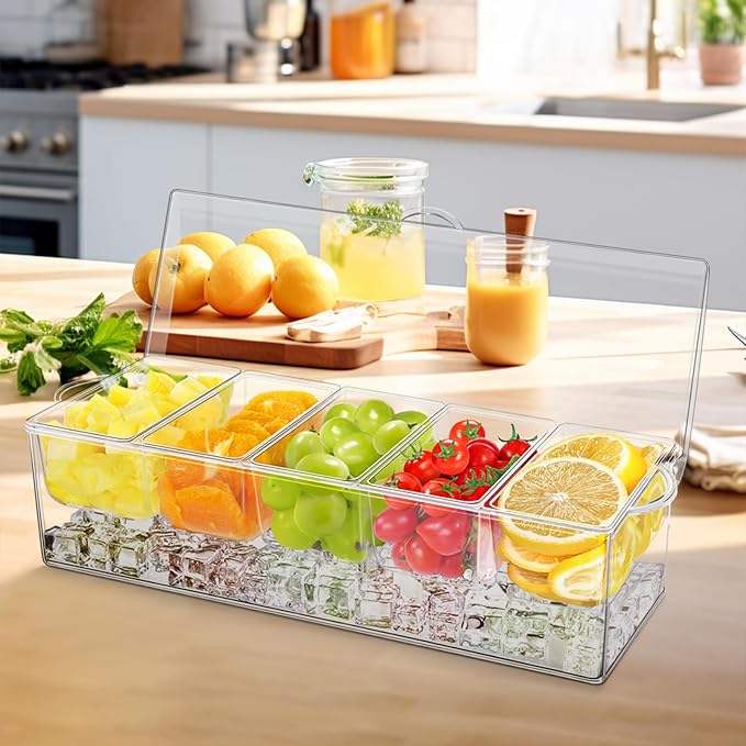 5 Compartment Condiment Server, Ice Chilled Condiment Containers with Lid, Clear Condiment Caddy Serving Tray on Ice with 5 Serving Spoons 5 Fruit Forks 2 Serving Tongs