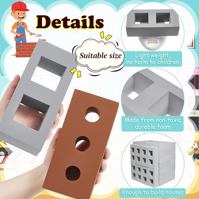 Deekin 30 Pcs Foam Brick Building Blocks for Kids Thick Blocks Foam Large Fake Brick Construction Toy for Stacking Construction, 8 x 4 x 2.4 in(Square Circle Holes)