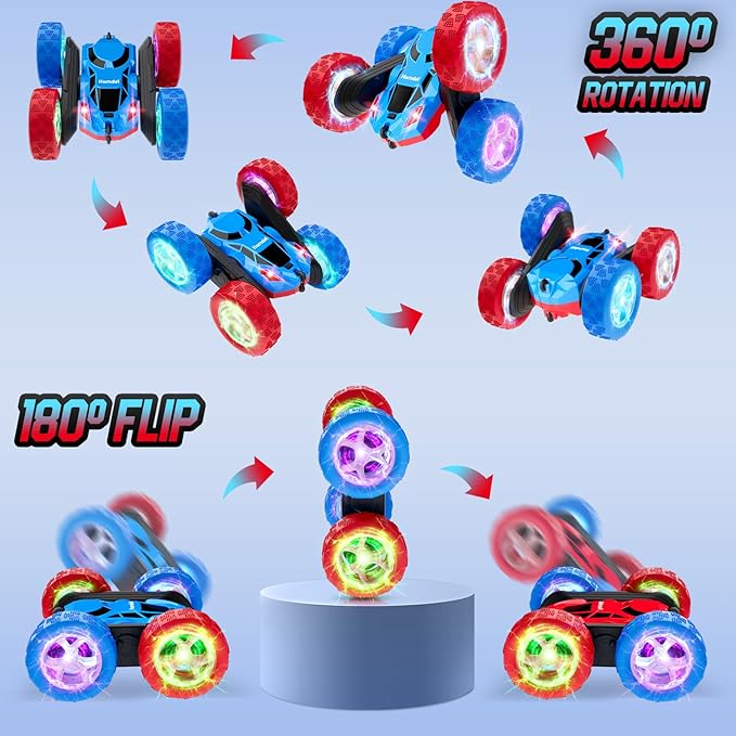 Remote Control RC Car for Kids 6-12, High-Speed 4WD Stunt Car with LED Lights & 360° Rotation, 2.4GHz Off-Road Vehicle Toy with Rechargeable Battery, Cool Christmas and Birthday Gift for Boys