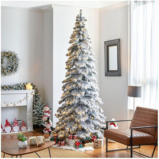 Glitzhome 9ft Pre-Lit Flocked Layered Spruce Artificial Christmas Tree, Large Elegant Snowfall Spruce Xmas Tree for Holiday New Year Home Decor