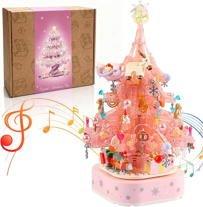 Pink Christmas Tree Building Blocks Music Box - DIY Buildable Christmas Decoration, Rotating Music Box, for Girls, Festive Atmosphere Light