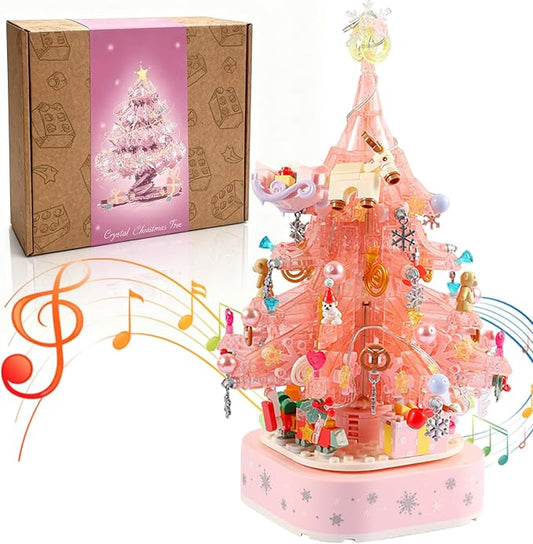 Pink Christmas Tree Building Blocks Music Box - DIY Buildable Christmas Decoration, Rotating Music Box, for Girls, Festive Atmosphere Light