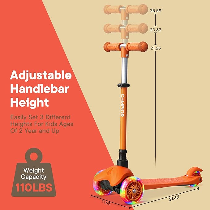 Orange Mini 3 Wheel Scooter for Kids – Lean-to-Steer with LED Light-Up Wheels, Adjustable Handlebar, Wide Anti-Slip Deck, Smooth PU Wheels, Rear Foot Brake – Toddler Scooter for Ages 2+