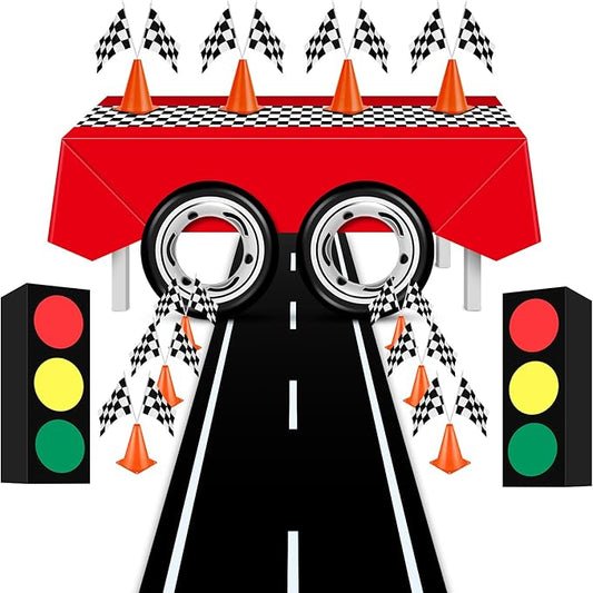 31 Pcs Race Car Party Decoration Supplies - Racing Flag Checkered Tablecloth Track Running Mat Traffic Cones Traffic Light Gift Boxes Tire Tube Swimming Ring for Racing Car Birthday Decorations