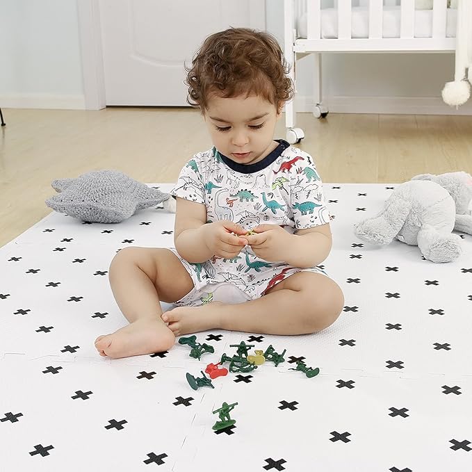 TCBunny 16 Interlocking Tiles and Edges Baby Play Mat for Kids & Toddlers - 5.6 X 4 FT (White with Black Cross)