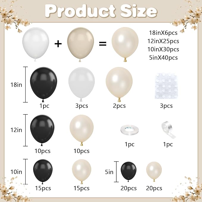 Pearl Sand White and Black Balloon Arch Kit, Double Stuffed White Sand Black Balloons Garland 18/12/10/5 Inch Pearl Balloons for Baby Shower Birthday Wedding Bridal Shower Party Decor