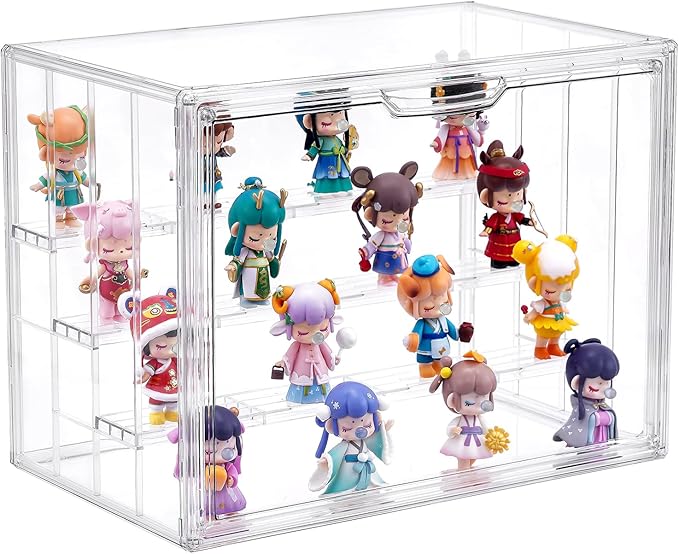 4 Tier Acrylic Display Case for Collectibles, Clear Adjustable Figure Display Case with Magnetic Door, Stackable Storage Box Showcase with 3 Shelves for Action Figures,Dolls,Toys, Large 1 Pack