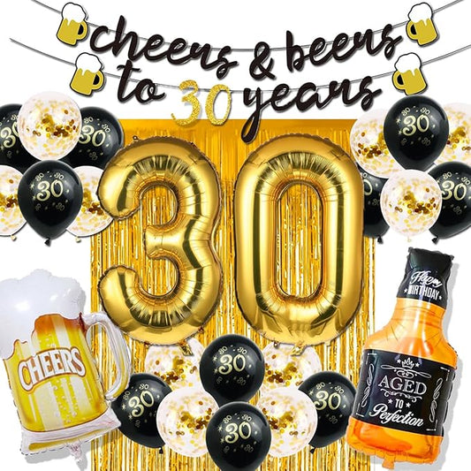 30th Birthday Decorations for Him, 30 Birthday Decorations for her with 40 Inch Gold 30 Number Balloons, Cheers to 30 Years Banner,Fringe Curtains and Cups Foil Balloons