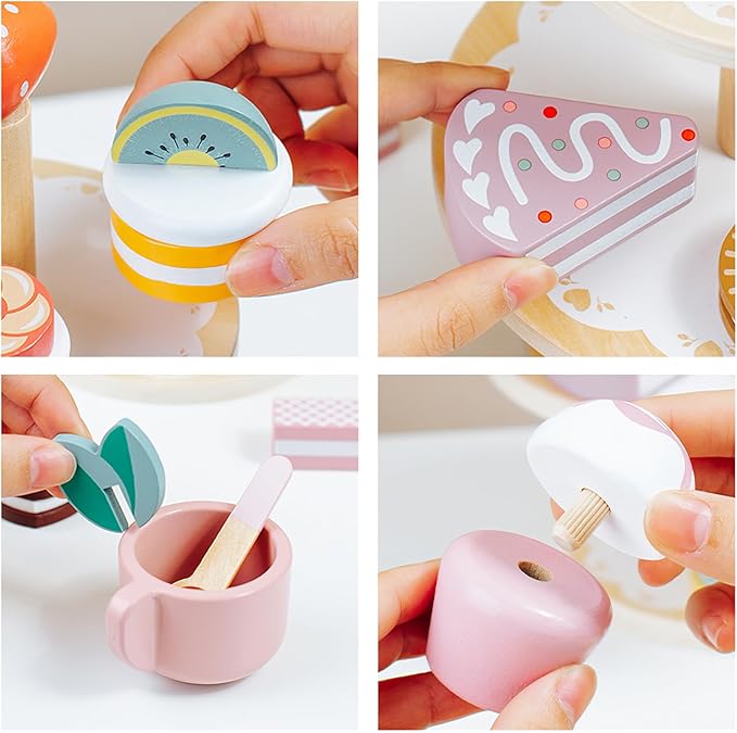 Wooden Dessert Cake Tea Party Set for Little Girls Toys, Pretend Play Kids Tea Set for Toddlers Wood Toys, Wooden Play Food Kitchen Accessories Sets for Kids (Dessert Tea)