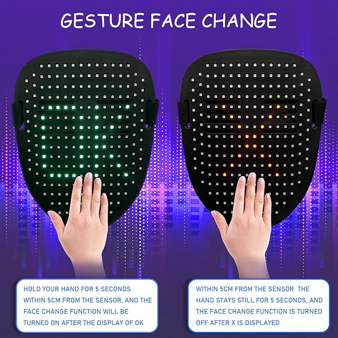 Led Mask with Gesture Sensing, Light up Face Transforming Mask for Halloween Xmas Costume Party