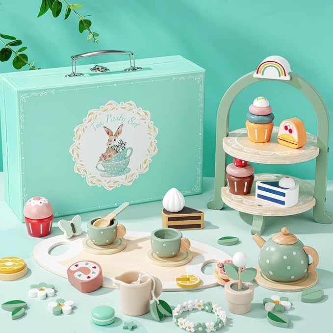 Wooden Tea Party Set for Little Girls, Toddler Pretend Play Food Kitchen Toys, Wooden Tea Set Tray Cake Dessert, Toddler Birthday for Girls Age 2-5 Years Old