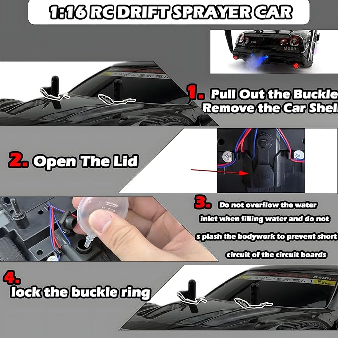 1:16 RC Drift Car 2.4GHz Spray 4WD LED Lights 30+KM/H High Speed Remote Control Car 2 Batteries 60Min Infinitely Variable Speed Drift Car Toys for Adults and Kids (Black 1:16)