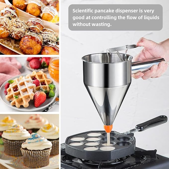 20oz Pancake Batter Dispenser, Multi-Caliber Stainless Steel Funnel Cake Dispenser with Stand Great for Pancakes, Cupcakes or Any Baked Goods