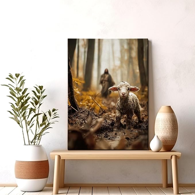 AbcCustomize Jesus Running After Lost Lamb Christian Wall Decor, Religious Wall Decor for Home, Jesus Wall Art Canvas Prints Ready to Hang, Inspirational Christian Art for Prayer Room, Baptism Gift