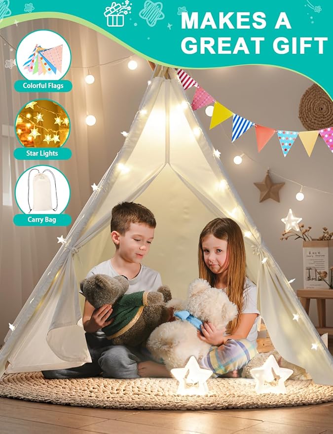 Sumbababy Teepee Tent for Kids Indoor - Natural Canvas Kids Play Tent - Washable Tipi Sleepover Tents with Lights & Carry Bag, Outdoor Toddler Tents for Girls & Boys - Foldable Playroom Gift Toys