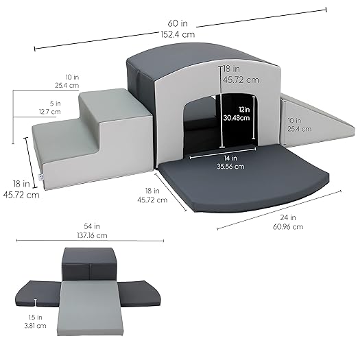 FDP SoftScape Playtime Grow-n-Learn Tunnel Climber Plus Pads for Toddlers and Kids; Soft Foam Indoor Active Playset for Crawling and Sliding at Home, Daycare (3-Piece) - Gray/Light Gray, 12825-GYLG
