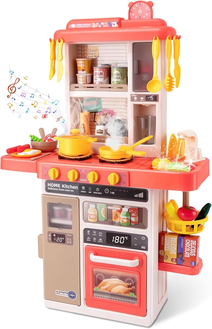 Kids Kitchen Play Set，Interactive Kids Kitchen Play Set with 50Pcs of Pretend Kitchen Toys，Realistic Sound Effects，and Simulated Functionality - Suitable for Toddlers Aged 3-5 Years(Pink)