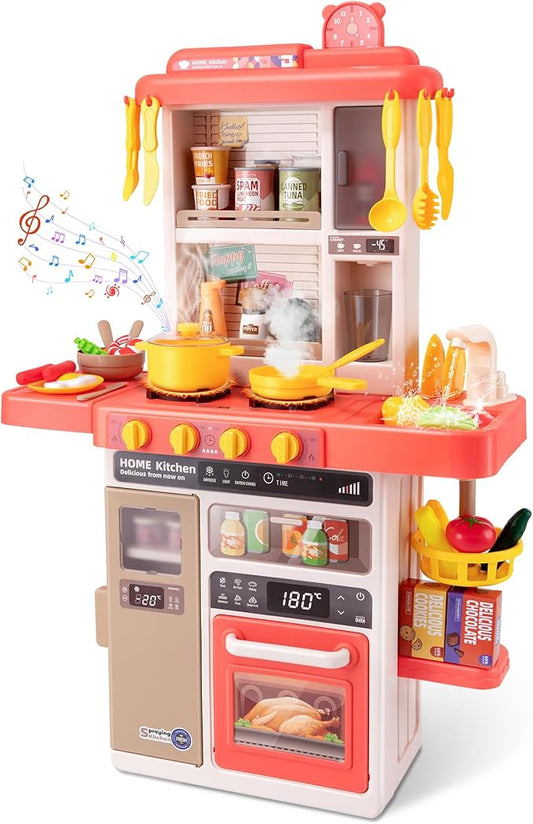 Kids Kitchen Play Set，Interactive Kids Kitchen Play Set with 50Pcs of Pretend Kitchen Toys，Realistic Sound Effects，and Simulated Functionality - Suitable for Toddlers Aged 3-5 Years(Pink)