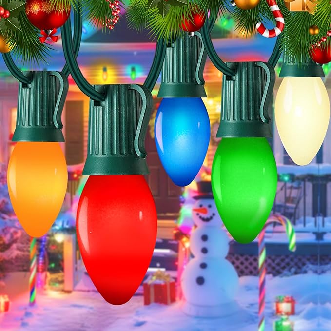 50FT C7 LED Christmas Decorations Lights Outdoor, Multicolor Christmas Lights Green Wire with 50+5 Multicolored C7 LED Light Bulbs, Vintage Decor Light for Xmas Tree Home Yard Party Decor, E12 Base