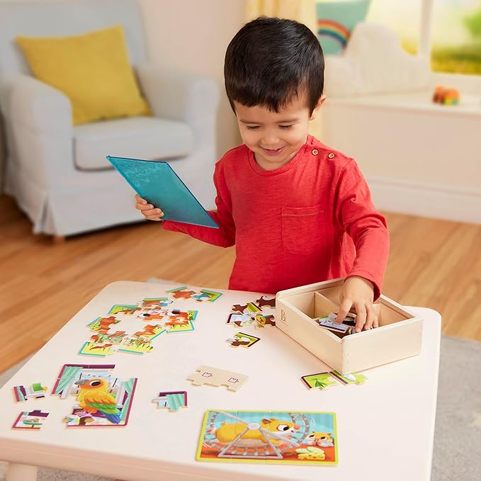 B. toys- Pack o' Puzzles 3-Pack - Pets, Dinos & Trucks- Wooden Puzzle Box Set – 3 Puzzle Boxes, 12 Puzzles – 4 Dinos, 4 Pets, 4 Trucks – 12-Piece Jigsaw Puzzles for Kids – 3 Years +