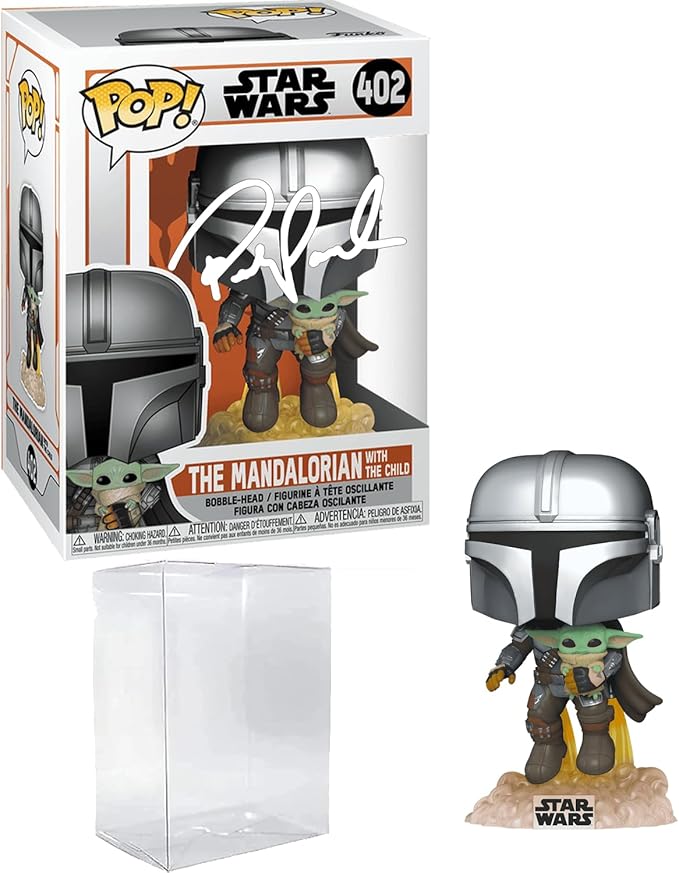 Pedro Pascal The Mandalorian Flying with Jet Pack #402 Facsimile Signed Reprint Laser Autographed Funko POP! Movies Star Wars Figurine with Protector Case