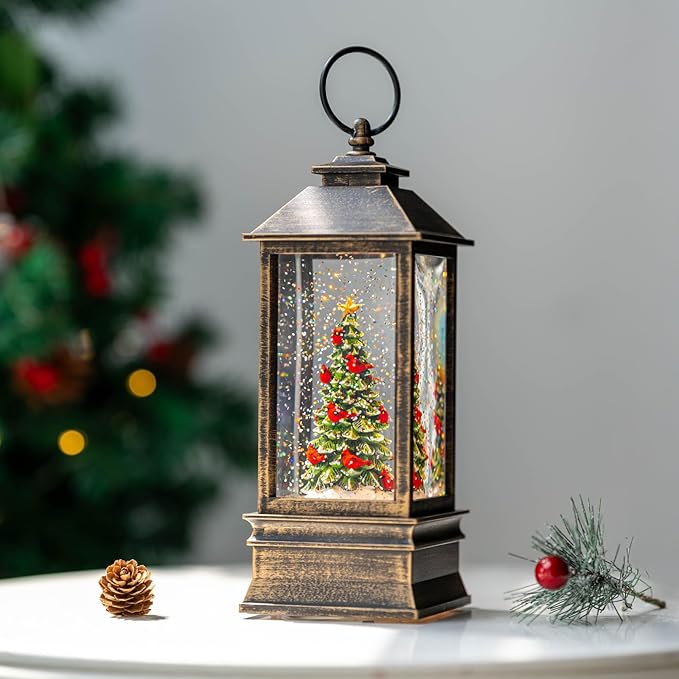 10'' Lighted Christmas Tree Cardinal Music Snow Globe Water Lantern with Swirling Glitter Decoration for Christmas Home, Living Room, Battery Operated or USB Powered