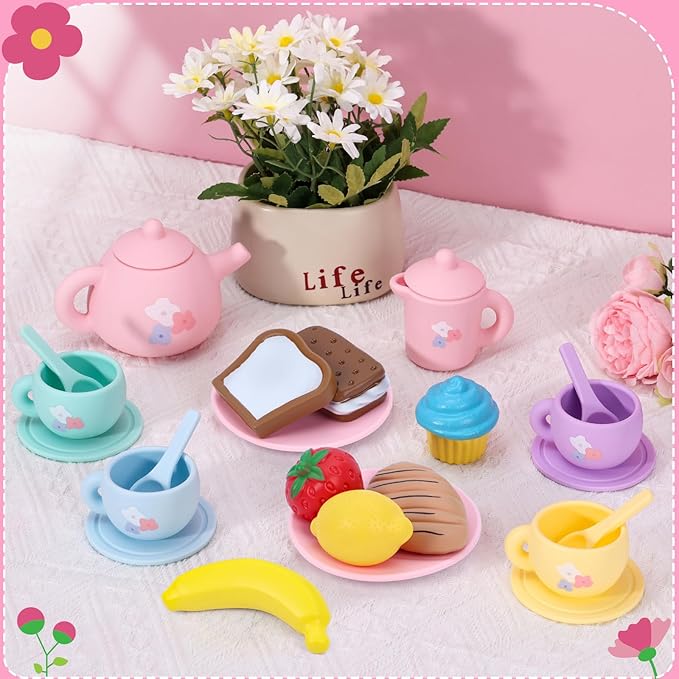 Silicone Tea Party Set for Little Girls,PRE-WORLD 27PCS Toys Toddler Tea Set with Play Food Dessert Cookies,Doughnut,Cake,Carrying Bag,Kids Kitchen Pretend Role Gifts for Girls Boys Age 3 4 5 6
