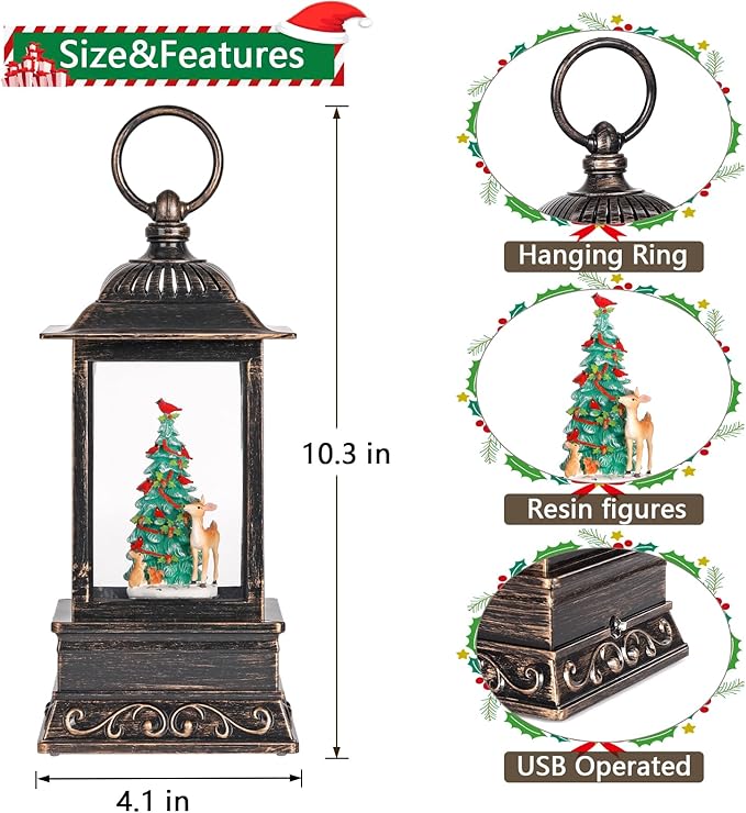 Christmas Snow Globe Decorations, Musical Glitter Christmas Tree Lantern with 6H Timer, USB/Battery Powered Lighted Décor for Home, Tabletop, Gift Box