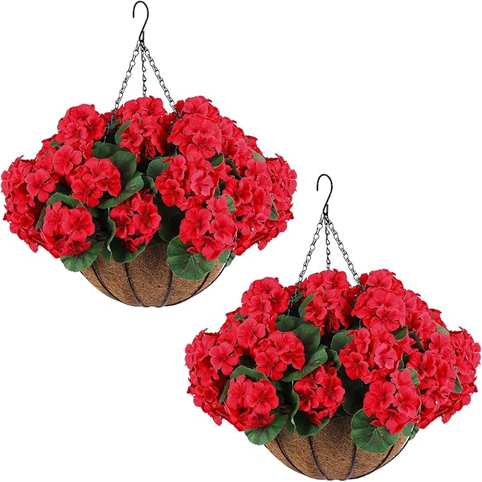 Hananona 2 Set Artificial Outdoor Geraniums Flowers with Hanging Basket, 2 Hanging Planters with 12 Pcs Red Geranium Flowers for Christmas Front Porch Garden Patio Home Decor (2, Red)
