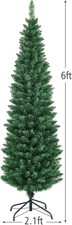 HAPPYGRILL 6FT Pencil Christmas Tree Slim Xmas Tree for Home Outdoor Decoration Unlit Artificial Christmas Tree with Foldable Metal Stand PVC Material