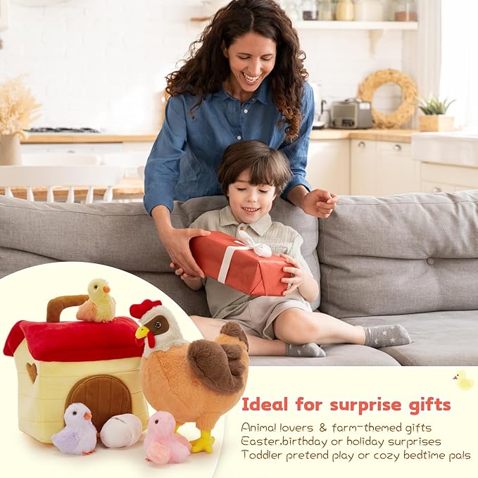 Tezituor 6 Pcs Chicken Stuffed Animals Set with Coop,14" Mother Hen with Baby Chicks&Egg Plush Toy,Soft Farm Animal Plushies for Toddlers Kids Home Farm Decor Easter Gifts