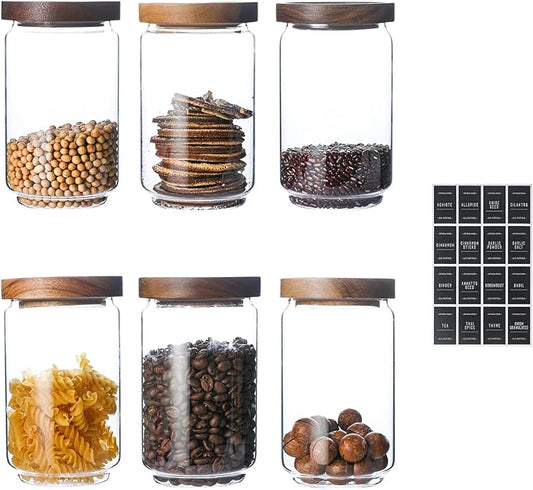 25 OZ Glass Jars 6 Pack with 112 Labels, Clear Glass Storage Containers Food Canisters with Wood Lids
