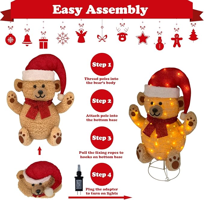 Lighted Christmas Bear Decorations, Pop-Up Bear Outdoor Yard Woodland Christmas Decor Prelit 70 Lights, Collapsible Lighted Bear Wears Santa Hat for Home Porch Yard Christmas Décor-Brown
