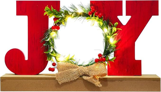 Christmas Decorations for Home LED Lighted JOY Decor Farmhouse Wooden Wreath Tabletop Merry Christmas Signs Rustic Holiday Block cIndoor Decorative Sign