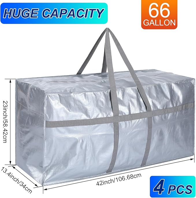 Windyun 4 Pack 57 Gallon Extra Large Storage Bags XXL Moving Bags with Zipper Handles Heavy Duty Jumbo Big Totes Box for Halloween Skeleton 4-12 Feet Christmas Tree Storage College Dorm Cloth (Silver)