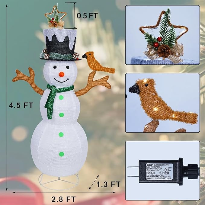 Hausse Lighted Christmas Snowman Decorations, 4.5FT Outdoor Pre-Lit White Collapsible Snowmen with Built-in Lights, Light Up Pop Up Xmas Yard Display, Plug in for Holiday New Year Winter Garden Yard