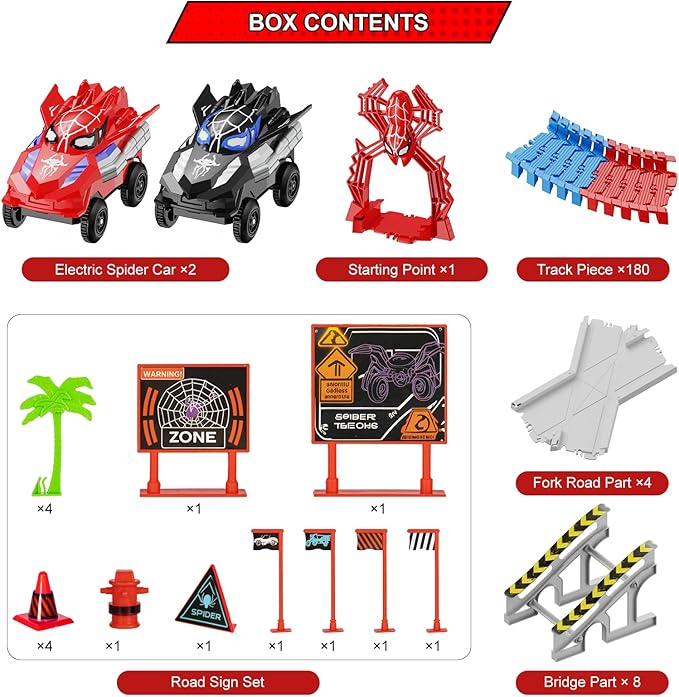 Spider Race Track Toy for Boys 4-6, Race Car Set with 2 Spider Cars, DIY Flexible Tracks Playset, Toddler STEM Building Toys for Girls, Birthday Gift for Kids Ages 3 4 5 6 7