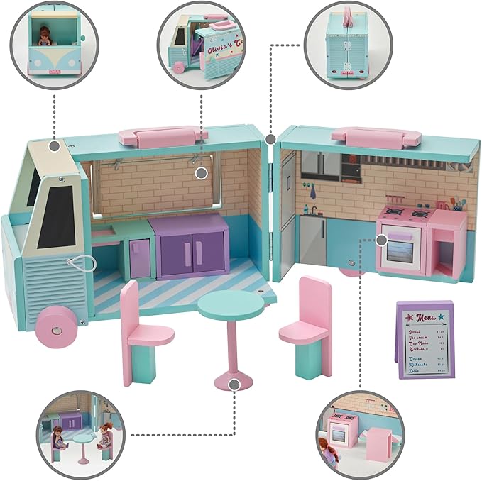 Olivia's Little World Wooden Food Truck Dollhouse + Accessories for 3.5" Dolls, Multi