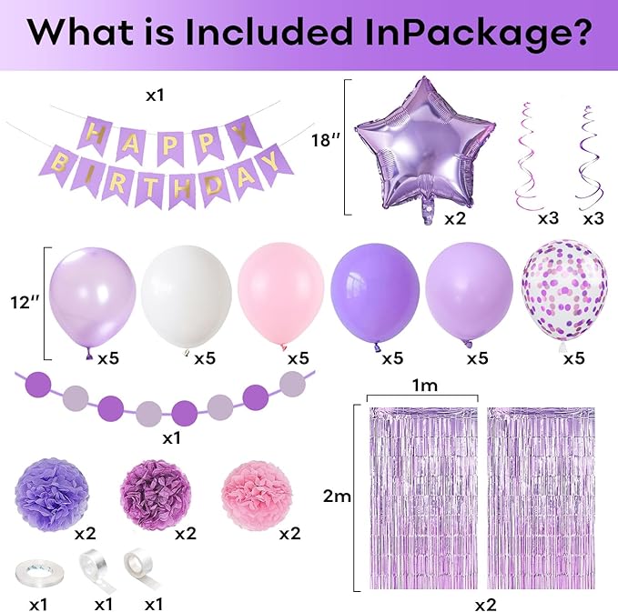 Pastel Pink Lilac White Balloon Arch Garland, Pale Purple Pink Happy Birthday Banner Foil Curtain Pompoms Hanging Swirl for Women Girls Birthday Party Decor