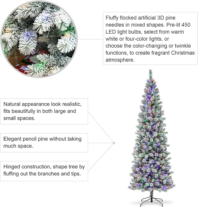 Glitzhome 9ft Prelit Christmas Tree, Artificial Christmas Tree Portland Snowy Pine Flocked Pencil Christmas Tree with 450 LED Lights, 9 Functional Warm White/Multi-Color, Remote Controller